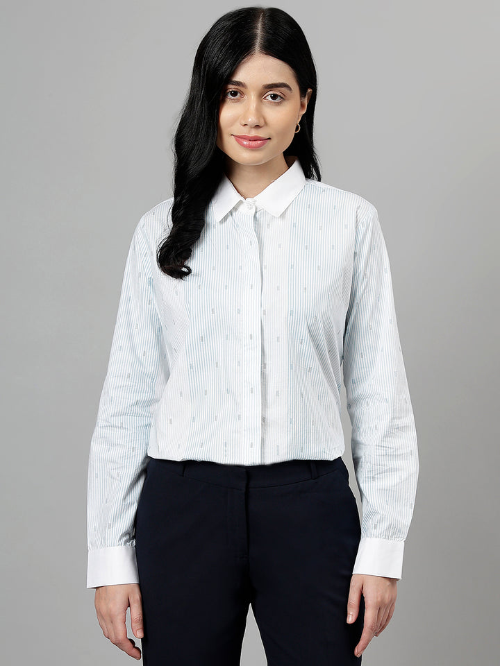 Women White & Blue Pin-Striped Pure Cotton Regular Fit Formal Shirt