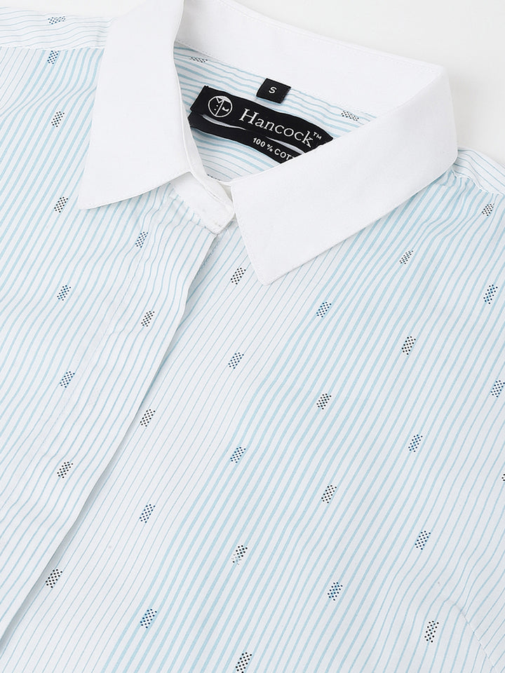 Women White & Blue Pin-Striped Pure Cotton Regular Fit Formal Shirt