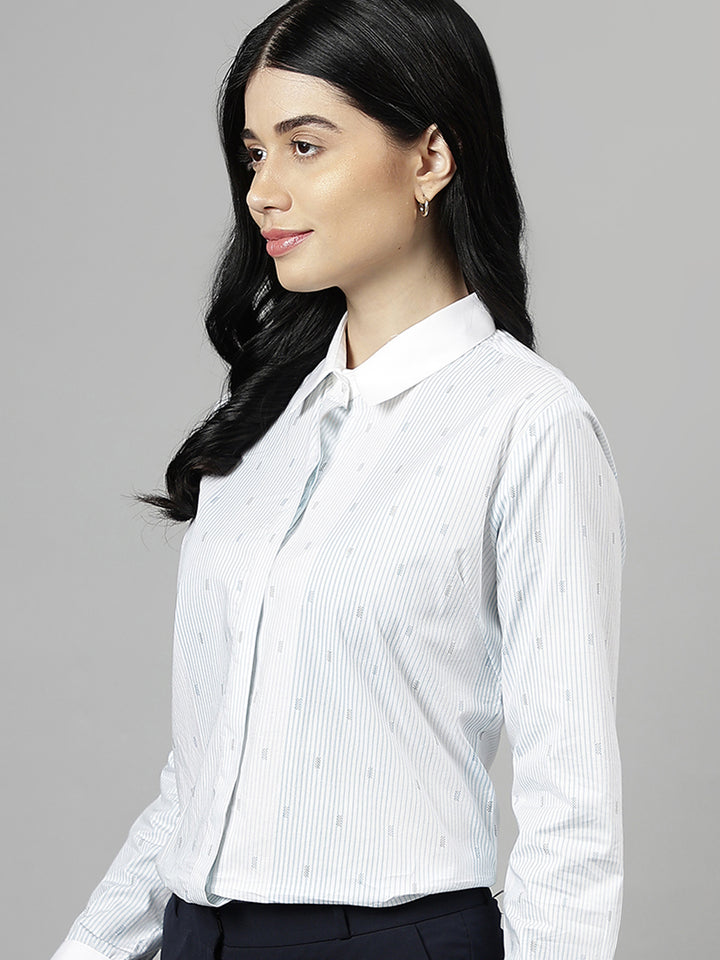 Women White & Blue Pin-Striped Pure Cotton Regular Fit Formal Shirt