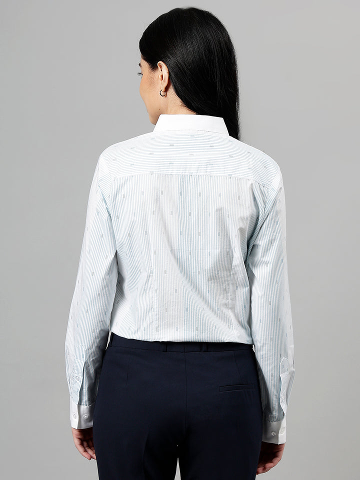 Women White & Blue Pin-Striped Pure Cotton Regular Fit Formal Shirt