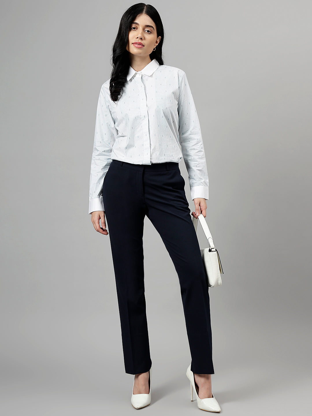 Women White Blue Pin-Striped Pure Cotton Regular Fit Formal Shirt