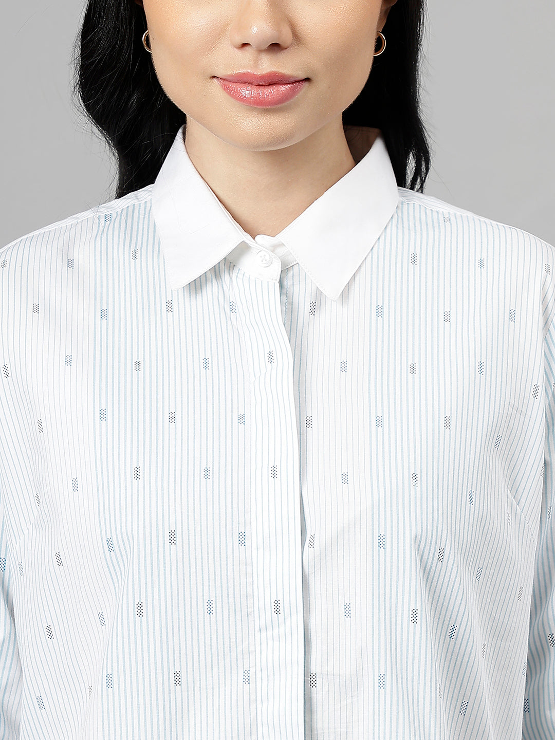 Women White & Blue Pin-Striped Pure Cotton Regular Fit Formal Shirt