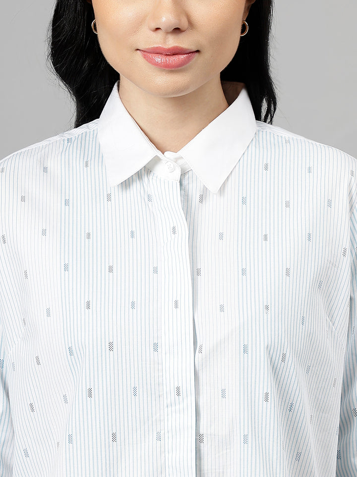 Women White & Blue Pin-Striped Pure Cotton Regular Fit Formal Shirt