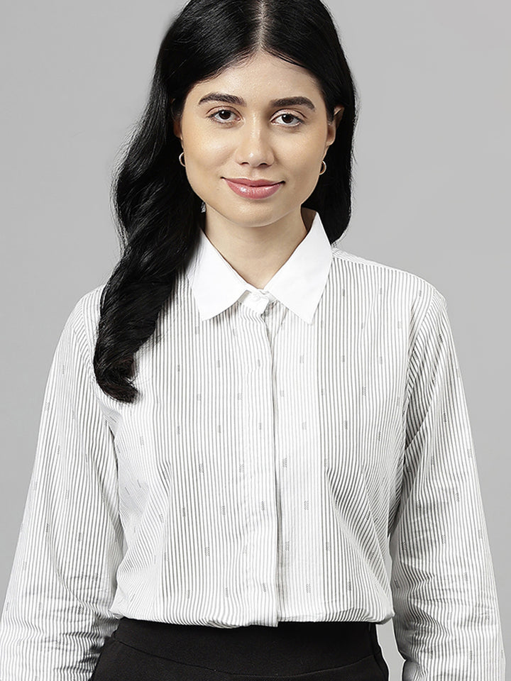 Women White & Grey Pin-Striped Pure Cotton Regular Fit Formal Shirt