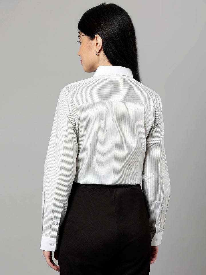 Women White & Grey Pin-Striped Pure Cotton Regular Fit Formal Shirt