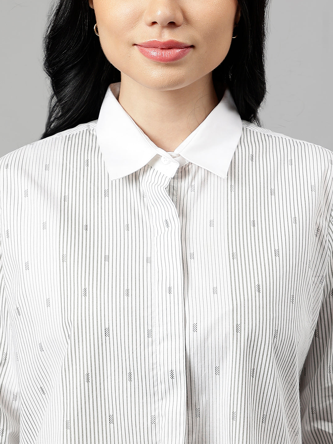 Women White & Grey Pin-Striped Pure Cotton Regular Fit Formal Shirt