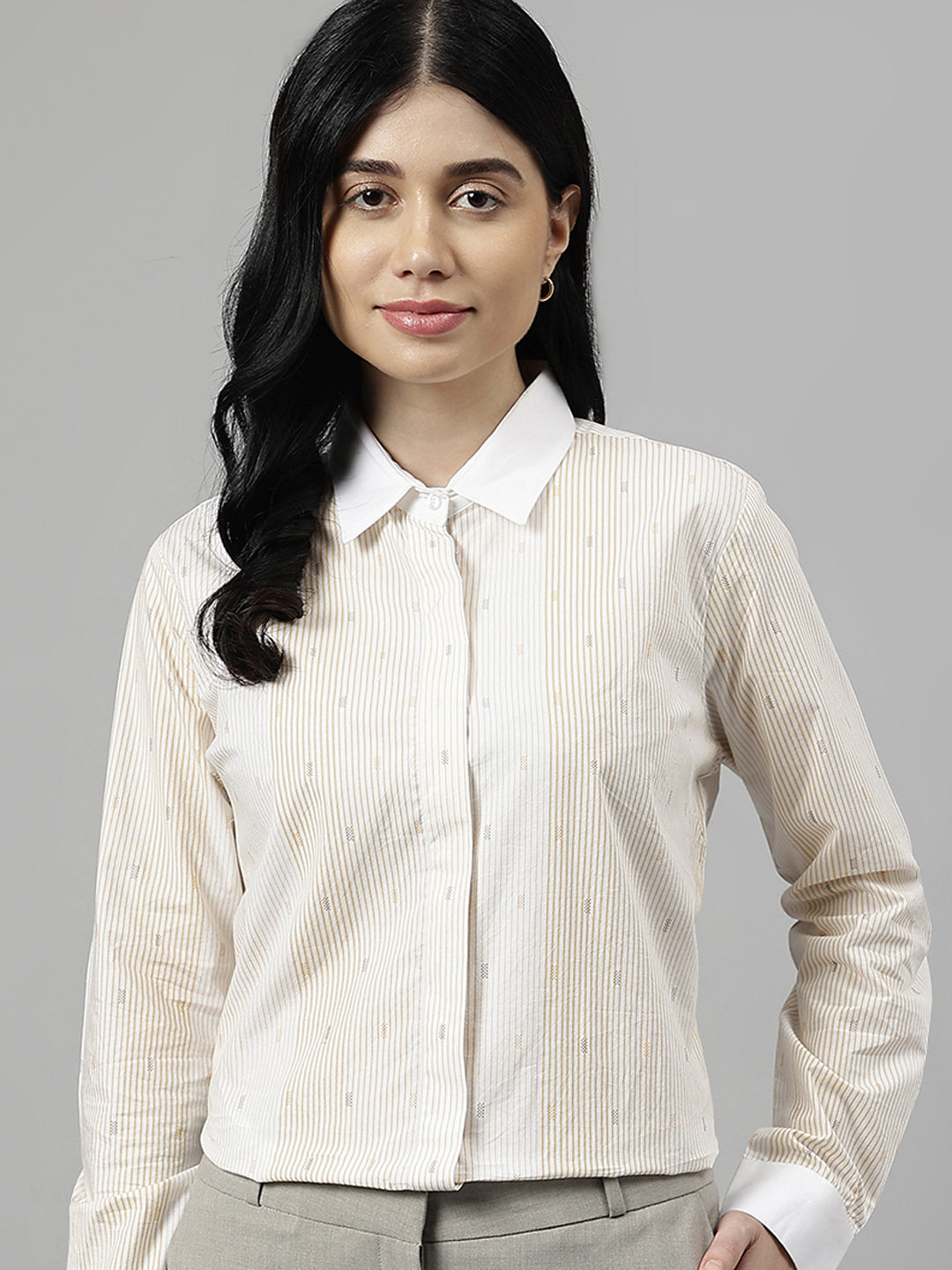 Women White & Yellow Pin-Striped Pure Cotton Regular Fit Formal Shirt