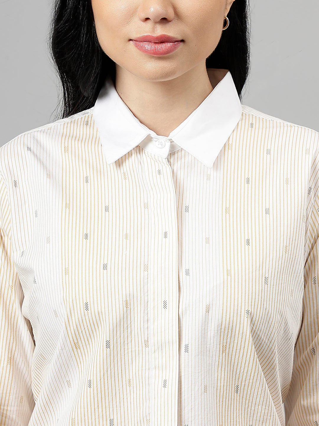 Women White & Yellow Pin-Striped Pure Cotton Regular Fit Formal Shirt