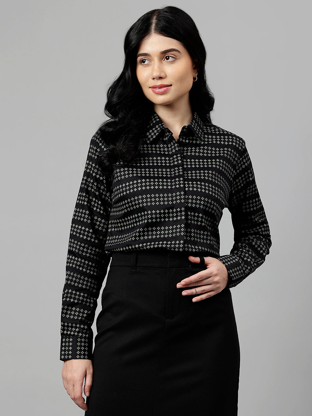 Women Black & Grey Microditsy Printed & Striped Pure Cotton Formal Shirt