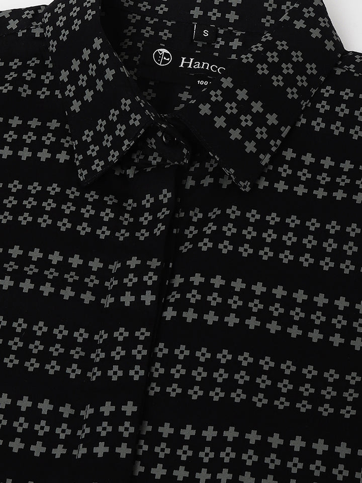 Women Black & Grey Microditsy Printed & Striped Pure Cotton Formal Shirt