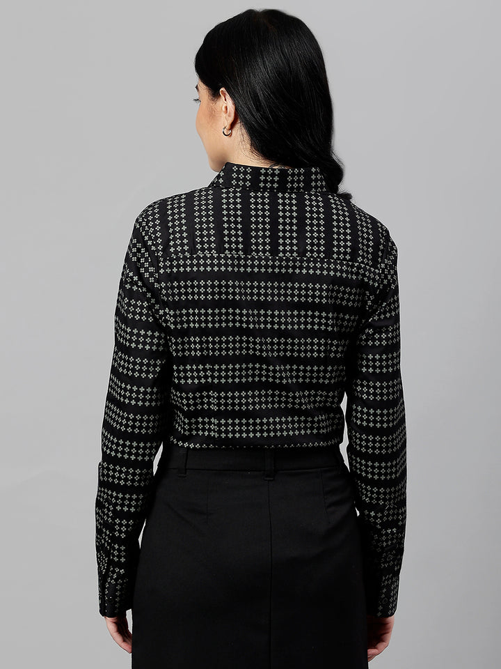 Women Black & Grey Microditsy Printed & Striped Pure Cotton Formal Shirt