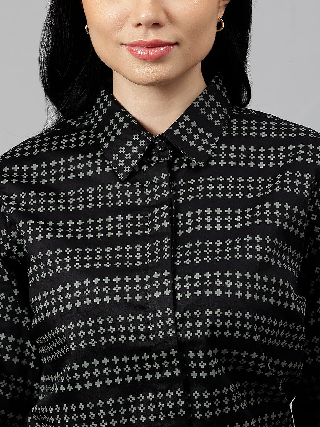 Women Black & Grey Microditsy Printed & Striped Pure Cotton Formal Shirt