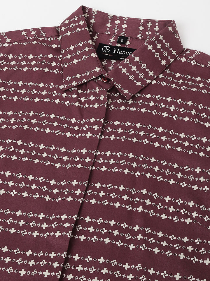 Women Burgundy & Beige Microditsy Printed & Striped Pure Cotton Formal Shirt