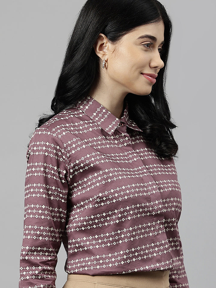 Women Burgundy & Beige Microditsy Printed & Striped Pure Cotton Formal Shirt