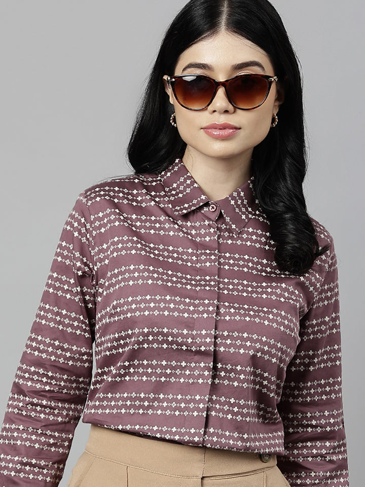 Women Burgundy & Beige Microditsy Printed & Striped Pure Cotton Formal Shirt