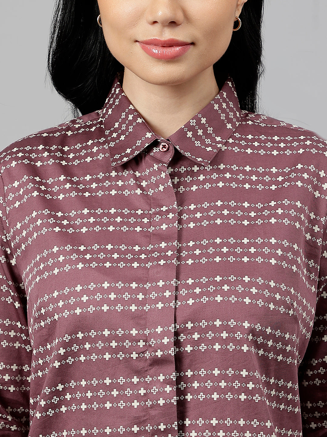 Women Burgundy & Beige Microditsy Printed & Striped Pure Cotton Formal Shirt