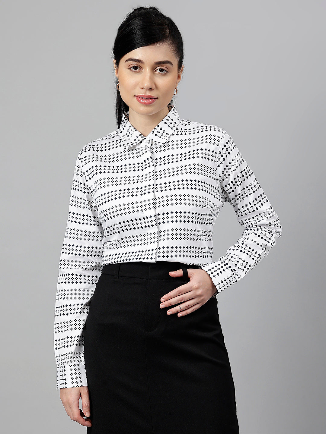 Women White & Black Microditsy Printed & Striped Pure Cotton Formal Shirt