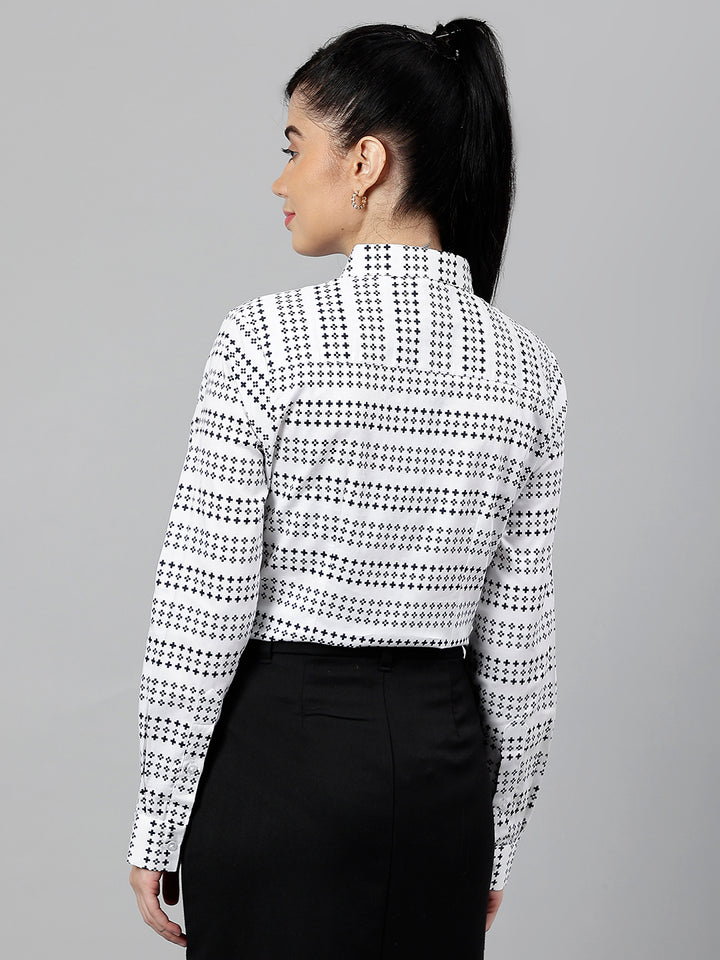 Women White & Black Microditsy Printed & Striped Pure Cotton Formal Shirt
