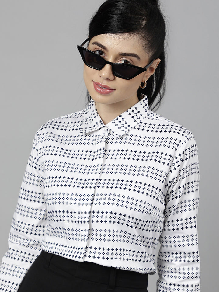 Women White & Black Microditsy Printed & Striped Pure Cotton Formal Shirt