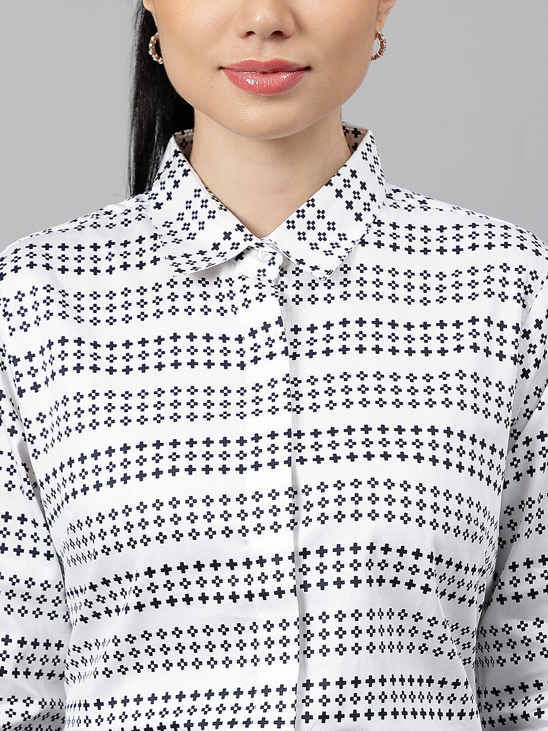 Women White & Black Microditsy Printed & Striped Pure Cotton Formal Shirt