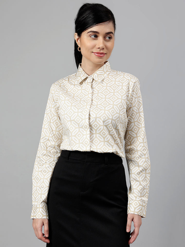 Women Beige & White Geometric Printed Pure Cotton Regular Fit Formal Shirt