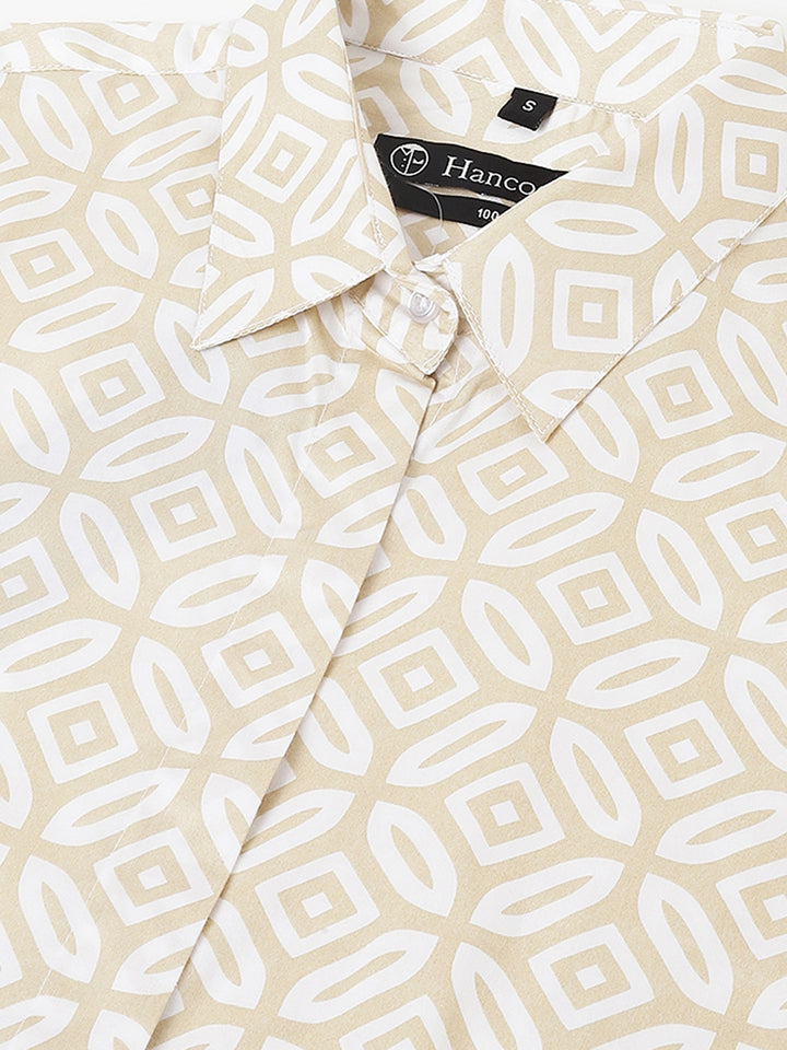 Women Beige & White Geometric Printed Pure Cotton Regular Fit Formal Shirt