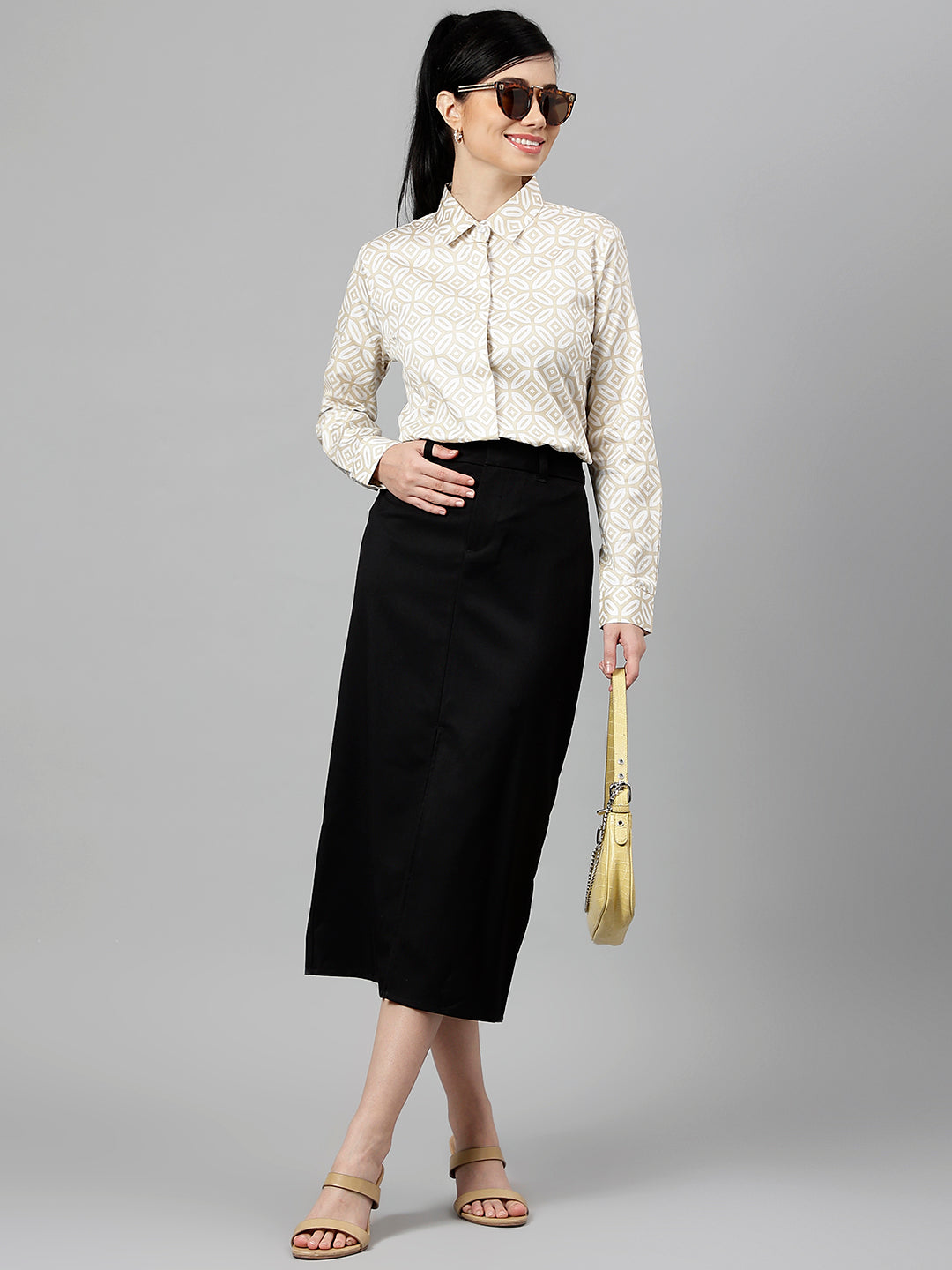 Women Beige White Geometric Printed Pure Cotton Regular Fit Formal Shirt