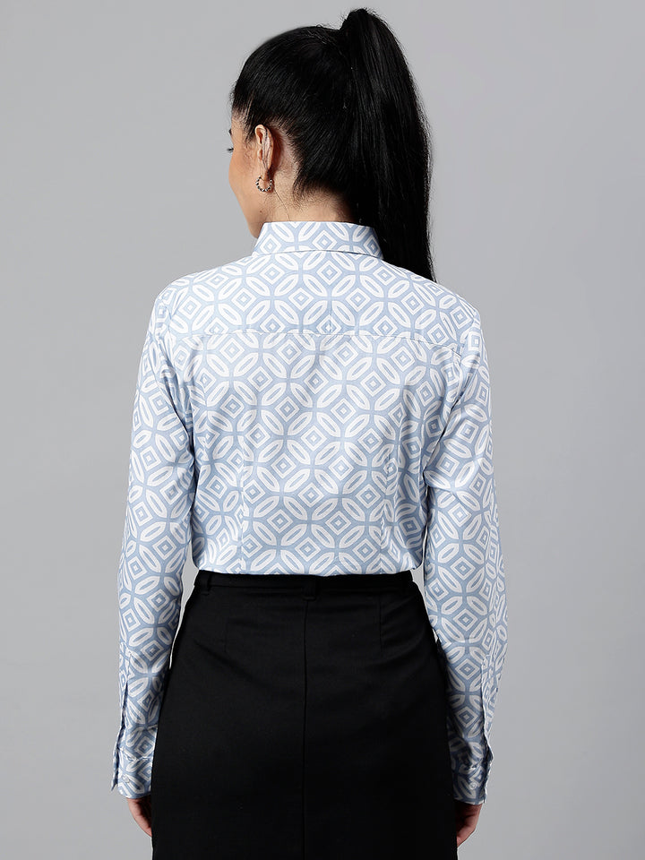 Women Blue & White Geometric Pure Cotton Regular Fit Formal Shirt