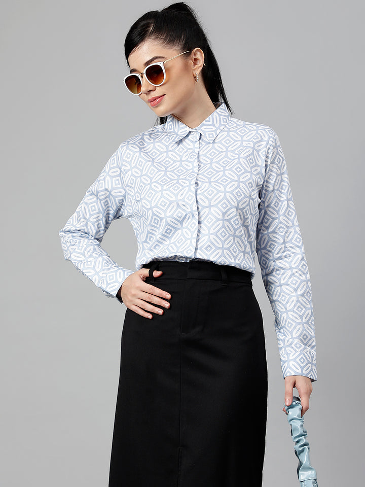 Women Blue & White Geometric Pure Cotton Regular Fit Formal Shirt