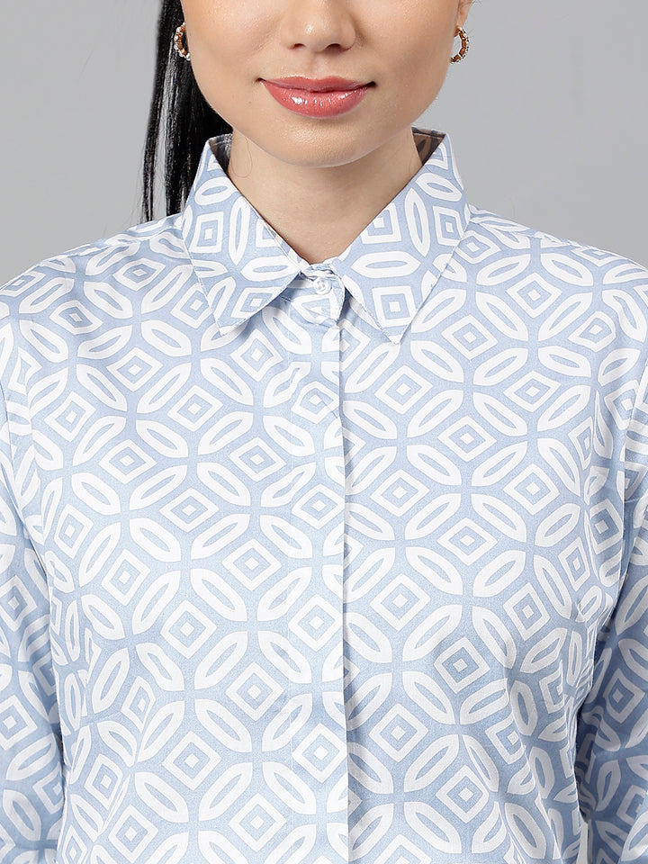 Women Blue & White Geometric Pure Cotton Regular Fit Formal Shirt