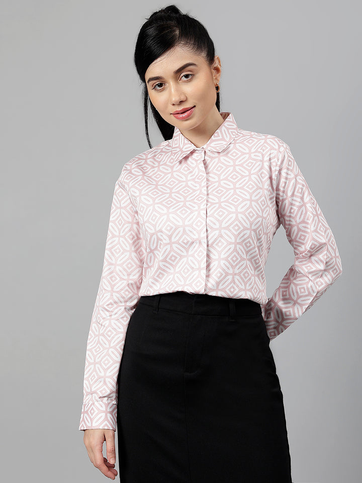 Women Pink & White Geometric Pure Cotton Regular Fit Formal Shirt