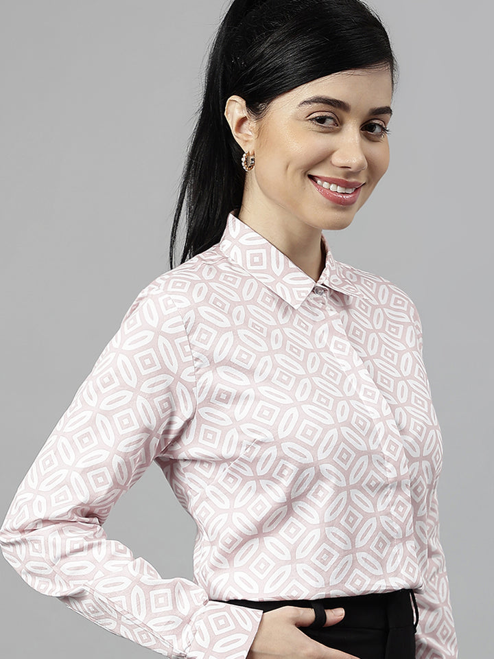 Women Pink & White Geometric Pure Cotton Regular Fit Formal Shirt