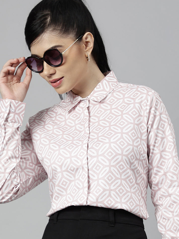 Women Pink & White Geometric Pure Cotton Regular Fit Formal Shirt