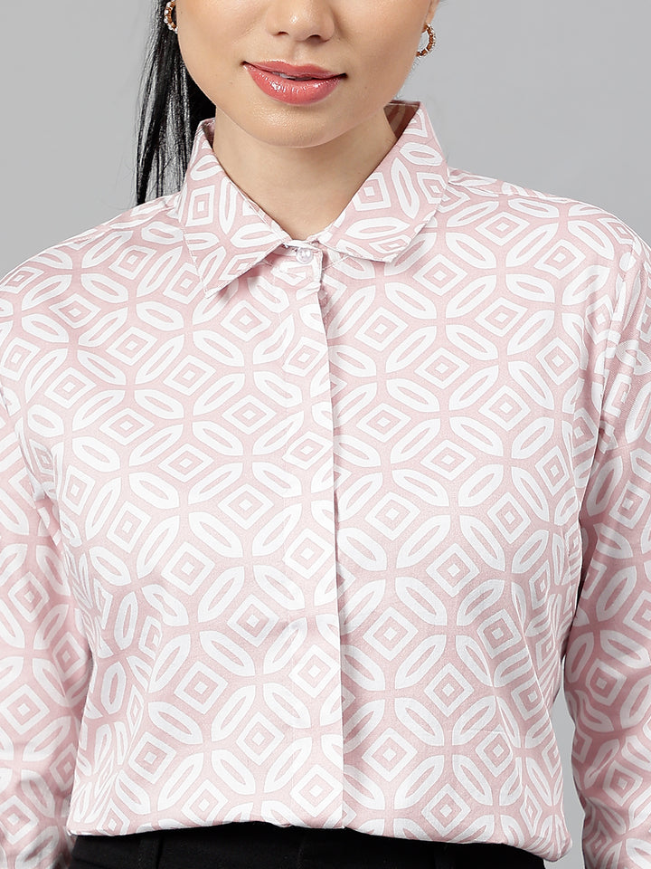 Women Pink & White Geometric Pure Cotton Regular Fit Formal Shirt