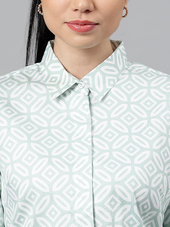 Women Green & White Geometric Pure Cotton Regular Fit Formal Shirt