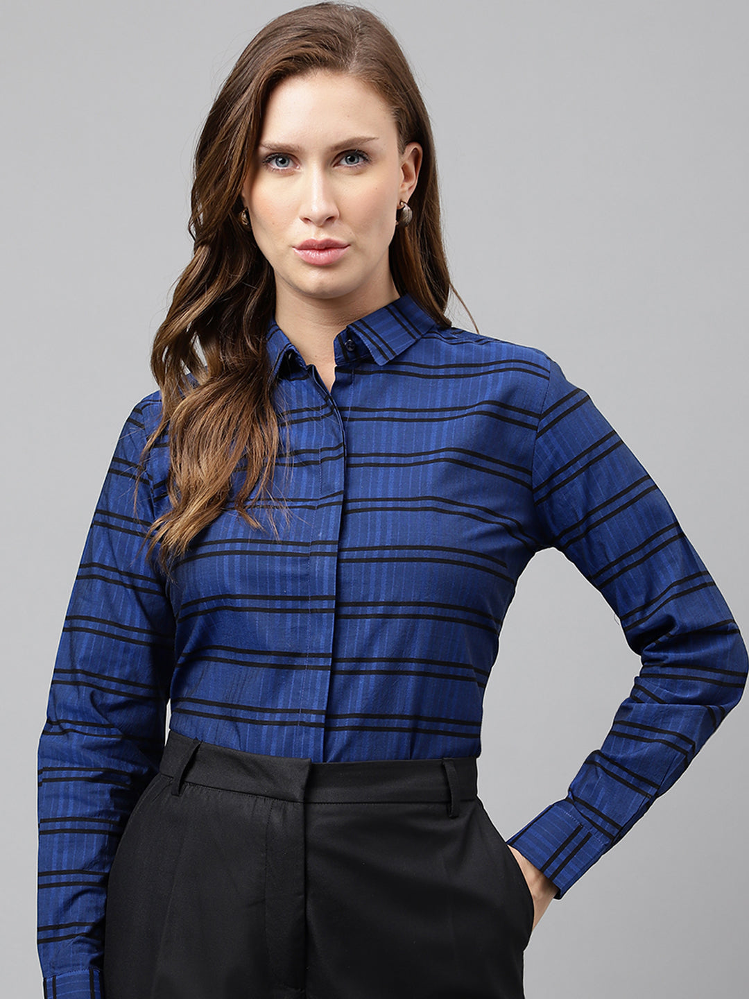 Women Blue & Black Horizontal Stripeg Pure Cotton Formal Shirt