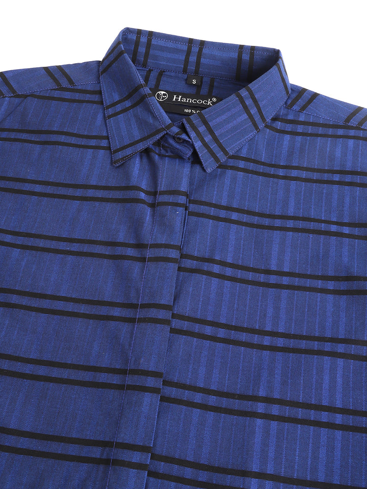 Women Blue & Black Horizontal Stripeg Pure Cotton Formal Shirt