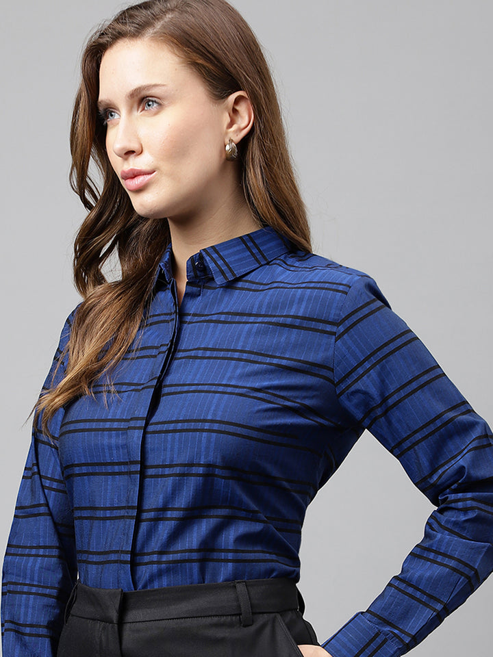 Women Blue & Black Horizontal Stripeg Pure Cotton Formal Shirt