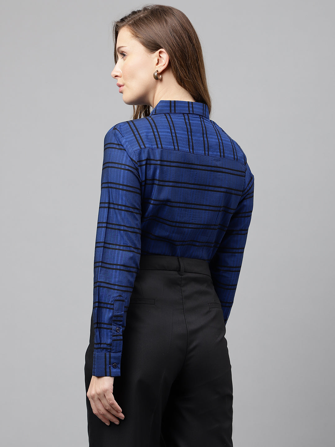 Women Blue & Black Horizontal Stripeg Pure Cotton Formal Shirt
