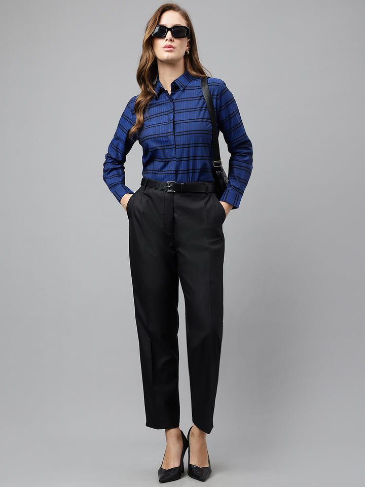 Women Blue & Black Horizontal Stripeg Pure Cotton Formal Shirt