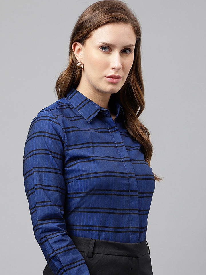 Women Blue & Black Horizontal Stripeg Pure Cotton Formal Shirt