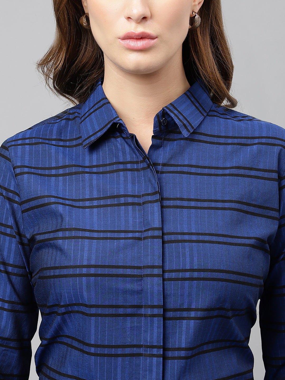 Women Blue & Black Horizontal Stripeg Pure Cotton Formal Shirt