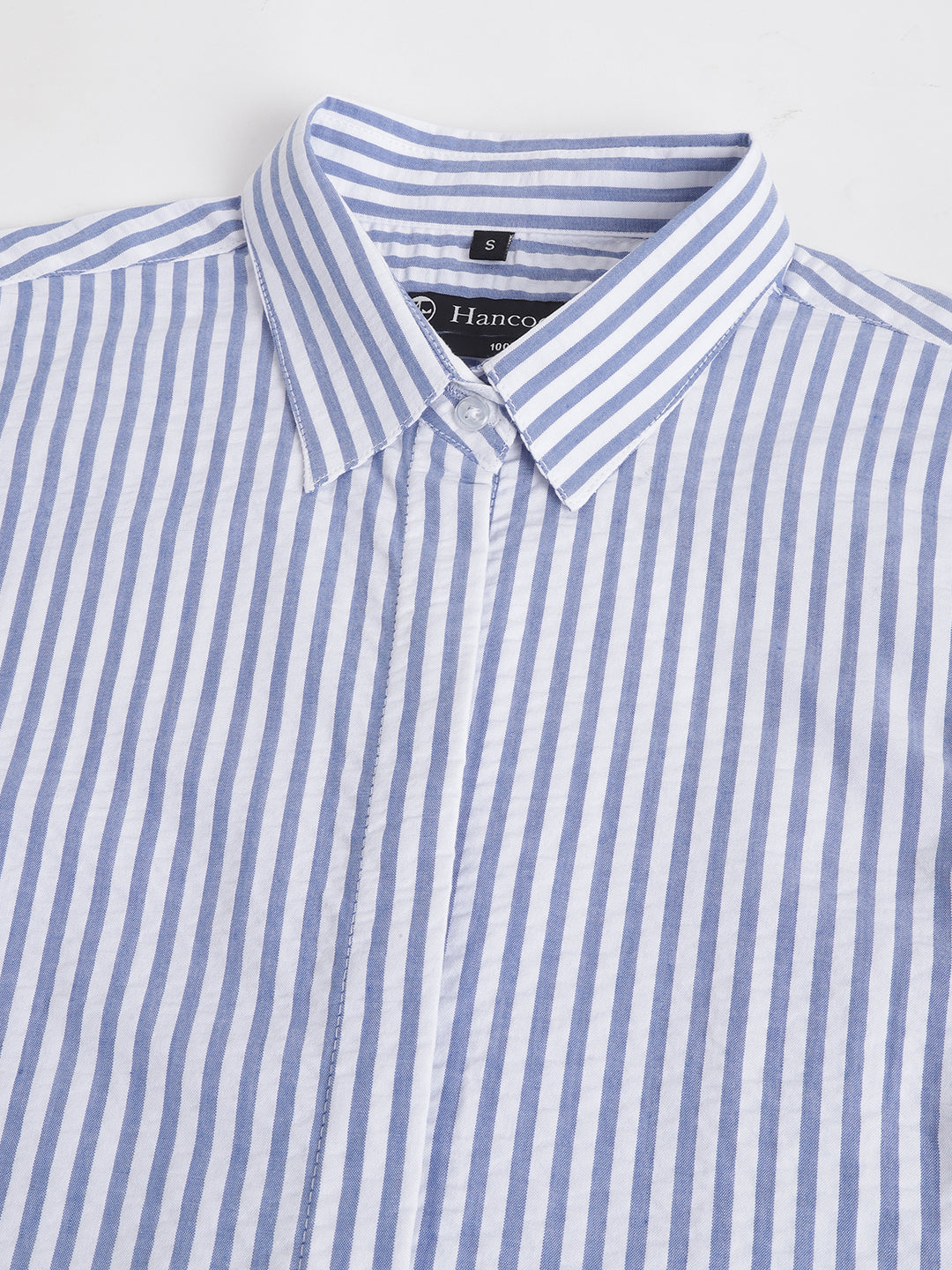 Women White & Blue Candy Stripes Pure Cotton Seersucker Formal Shirt