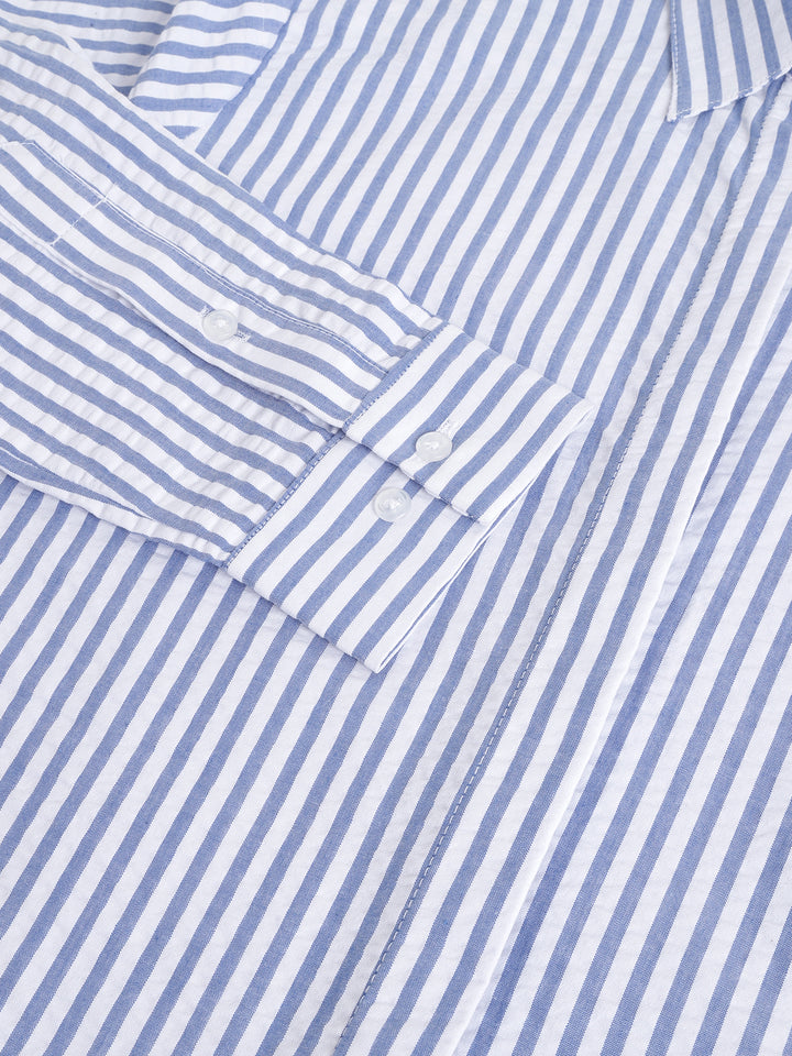 Women White & Blue Candy Stripes Pure Cotton Seersucker Formal Shirt