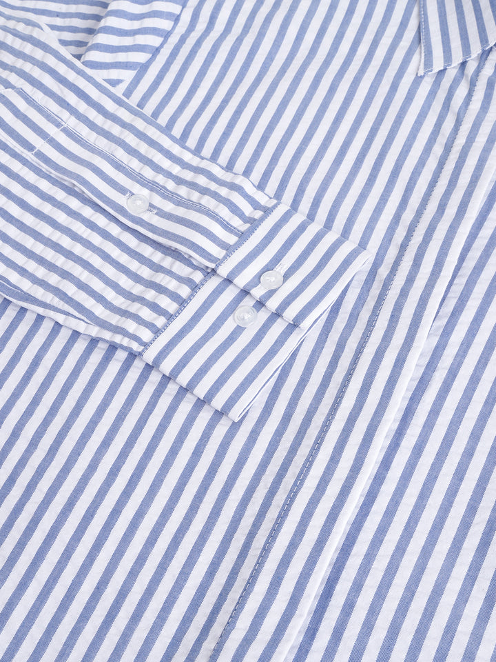 Women White & Blue Candy Stripes Pure Cotton Seersucker Formal Shirt