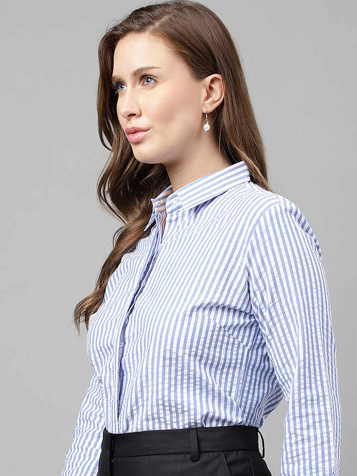 Women White & Blue Candy Stripes Pure Cotton Seersucker Formal Shirt