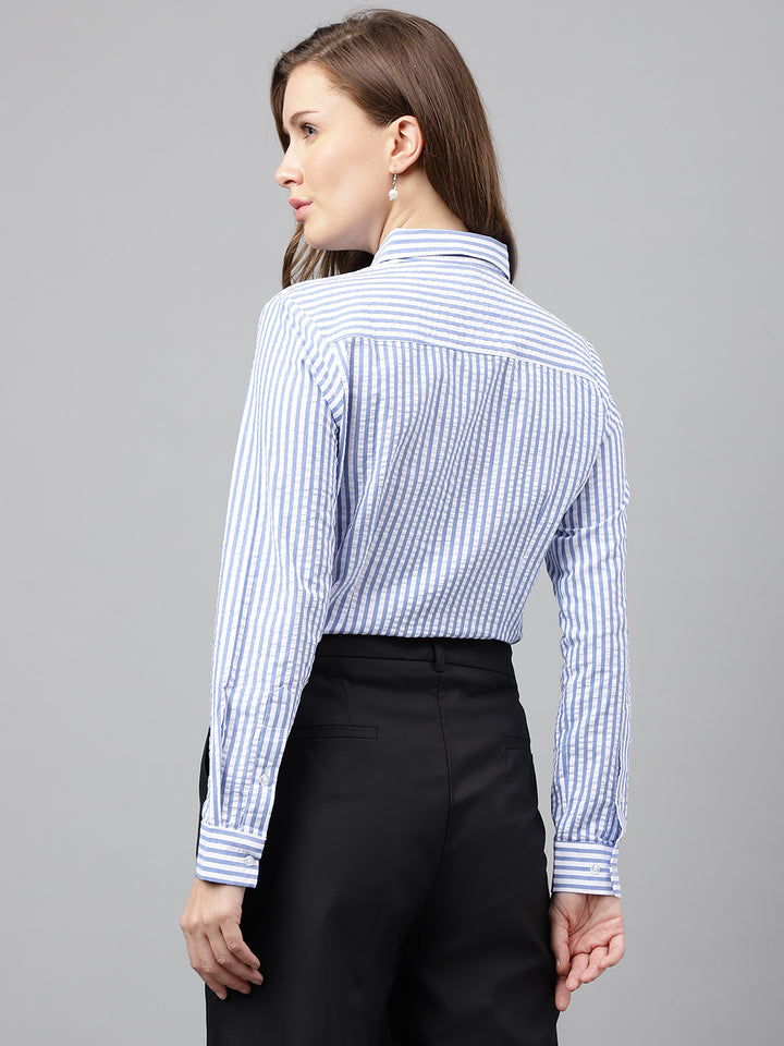 Women White & Blue Candy Stripes Pure Cotton Seersucker Formal Shirt