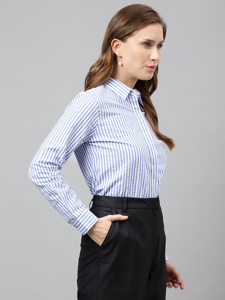 Women White & Blue Candy Stripes Pure Cotton Seersucker Formal Shirt