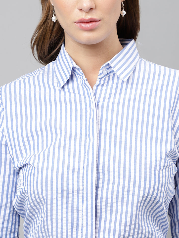 Women White & Blue Candy Stripes Pure Cotton Seersucker Formal Shirt