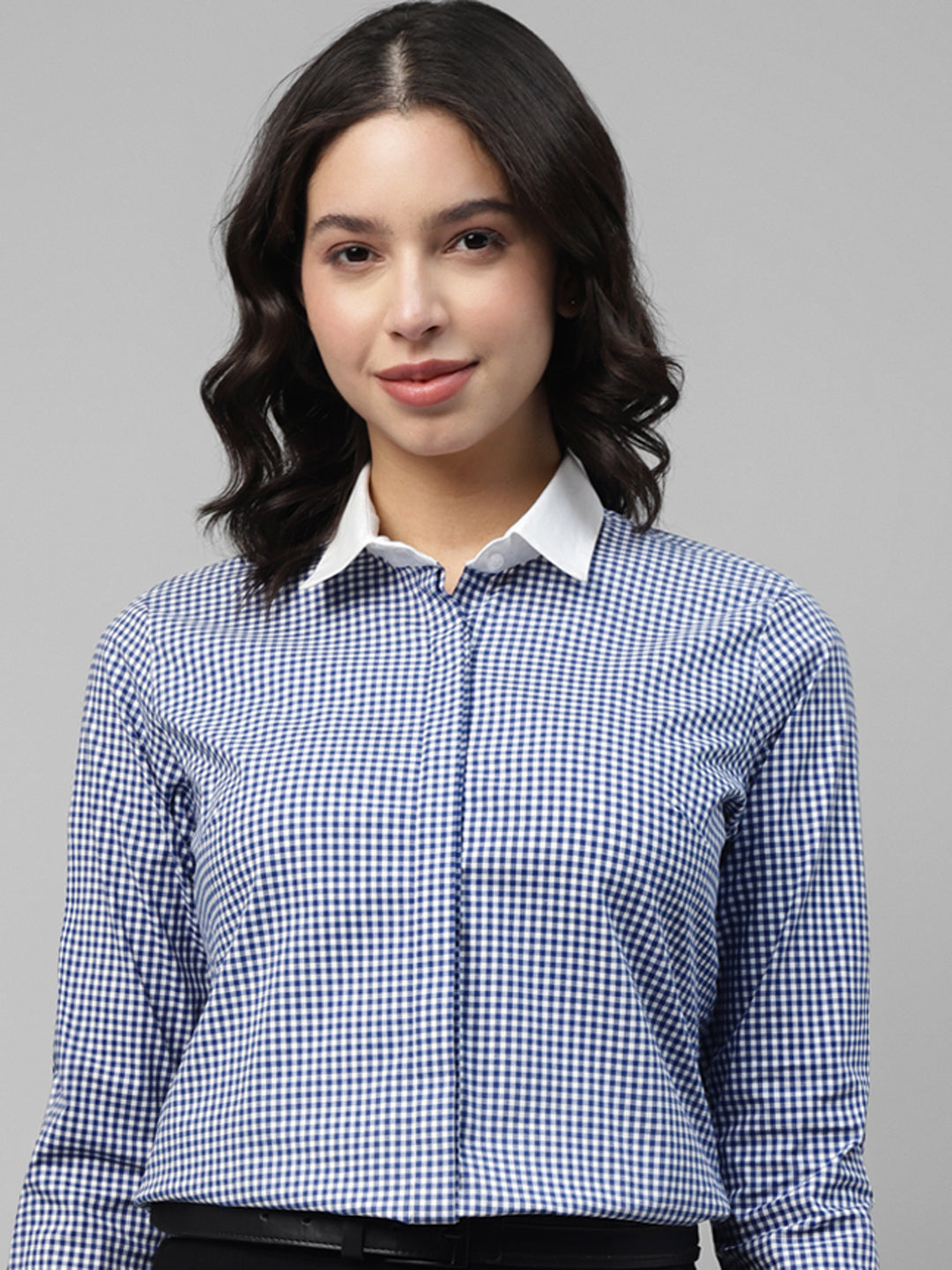 Women White & Blue Gingham Checked Pure Cotton Regular Fit Formal Shirt